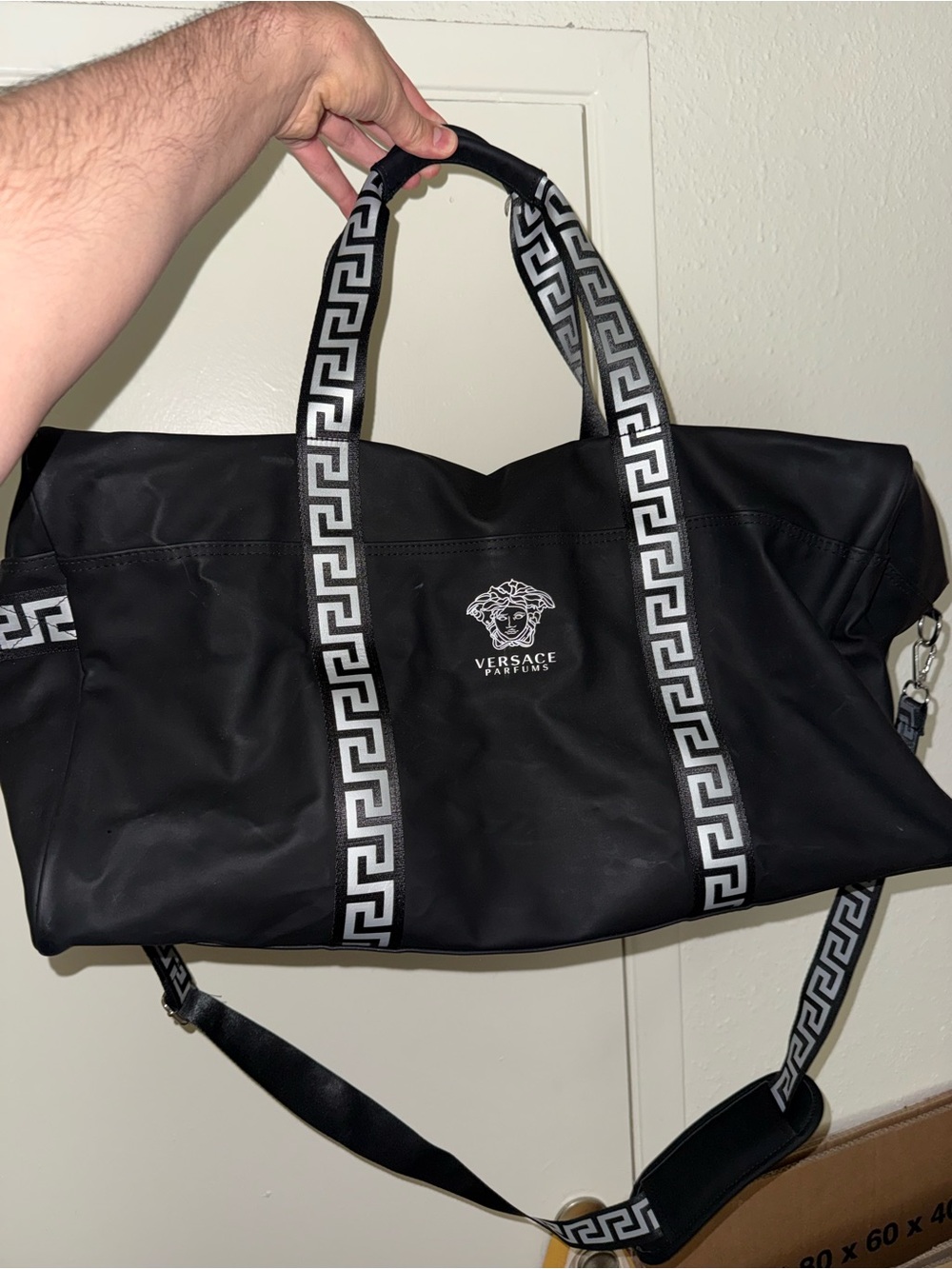 Versace Parfums Black Duffel with Greek Key Trim
